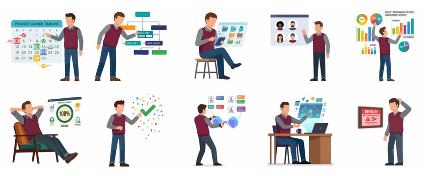 Business Professional Character Set for Project Management, Data Analysis, and Corporate Workflow Illustrations
