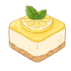 Cute lemon cheesecake slice illustration, isometric kawaii lemon dessert cake vector isolated, hand drawn style transparent background © Creative