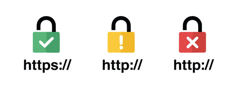 Https and http security status with padlocks and symbols
