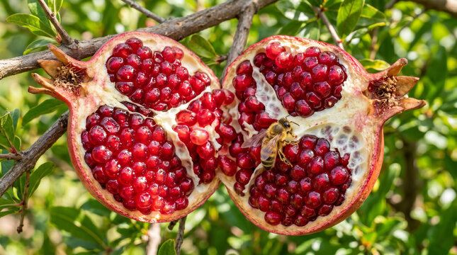 Close-up of pomegranate seeds glistening in sunlight, with a bee exploring the fruit, showcasing vibrant ruby-red arils and white pith.