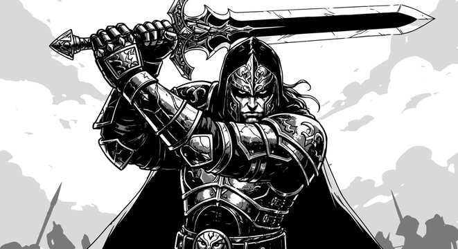 Powerful fantasy warrior knight in intricate armor, raising a great sword in a dramatic battle stance, black and white illustration.