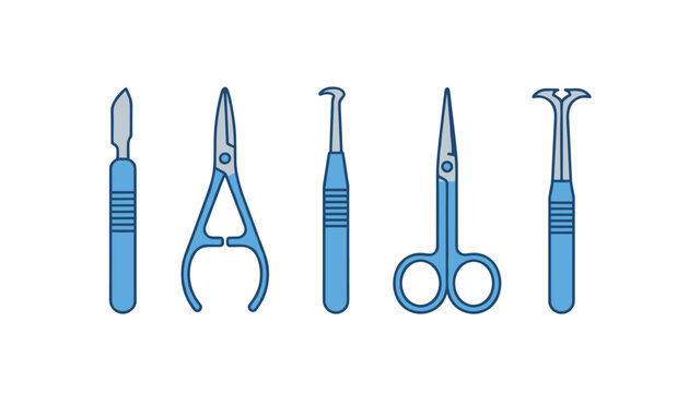 Surgical instruments including a scalpel, scissors, and specialized medical tools arranged in a horizontal row on a white background.