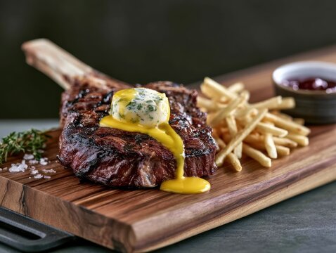 Ribeye Steak on Dark Wood Board
