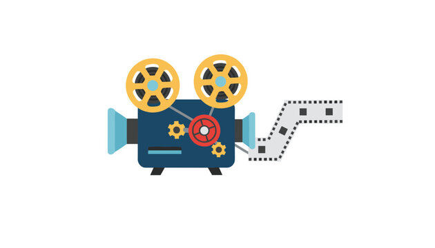 Vintage film projector with rotating reels and exposed celluloid strip displays classic cinema mechanics for retro movie production, historical media archiving, and entertainment.