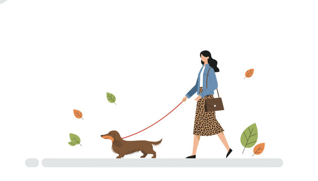 Woman walking brown dachshund dog on red leash wearing denim jacket and leopard print skirt with falling autumn leaves for seasonal outdoor lifestyle concept.