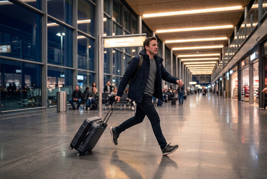 Man rushing through airport terminal with suitcase at night