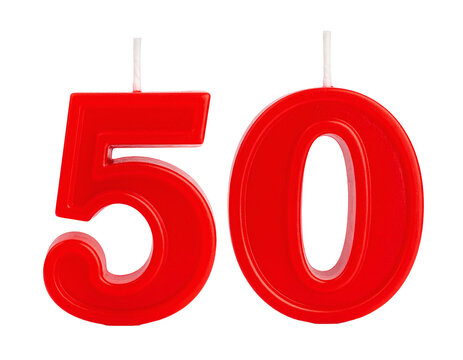 Bright red plastic number fifty birthday celebration candle set ready for lighting on a special anniversary or milestone occasion&nbsp;