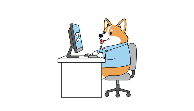 Corgi dog wearing a blue shirt sitting at a desk and using a computer with a bone icon on the screen for pet-friendly workplace or business concepts.