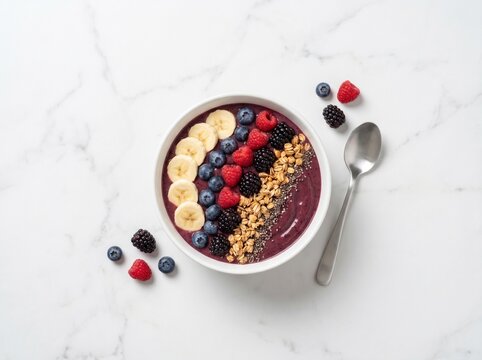 Overhead flat lay of a plain white ceramic bowl filled with a vibrant acai smoothie topped with sliced banana, mixed berries, granola, and chia seeds.