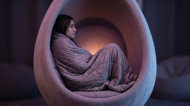 Sheltering inside a glowing ovular pod while wrapped in a textured heavy blanket to find mental tranquility and isolation from the external world.