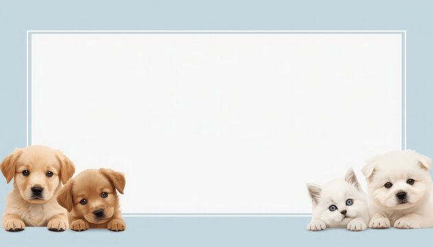 There are three dogs and a cat sitting in front of a blank sign