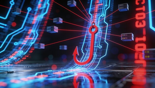 Cyber phishing threat illustration &mdash; red hook icon suspended in glowing data stream, dark circuit board background, bokeh lighting, red lines connecting floating server nodes, reflective metallic fore