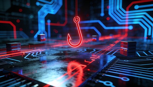 Cyber phishing threat illustration &mdash; red hook icon suspended in glowing data stream, dark circuit board background, bokeh lighting, red lines connecting floating server nodes, reflective metallic fore