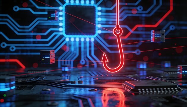 Cyber phishing threat illustration &mdash; red hook icon suspended in glowing data stream, dark circuit board background, bokeh lighting, red lines connecting floating server nodes, reflective metallic fore