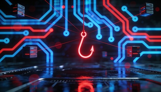 Cyber phishing threat illustration &mdash; red hook icon suspended in glowing data stream, dark circuit board background, bokeh lighting, red lines connecting floating server nodes, reflective metallic fore