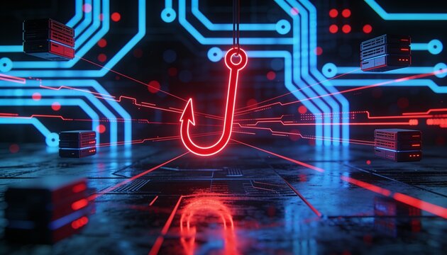Cyber phishing threat illustration &mdash; red hook icon suspended in glowing data stream, dark circuit board background, bokeh lighting, red lines connecting floating server nodes, reflective metallic fore