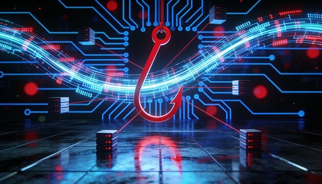 Cyber phishing threat illustration &mdash; red hook icon suspended in glowing data stream, dark circuit board background, bokeh lighting, red lines connecting floating server nodes, reflective metallic fore