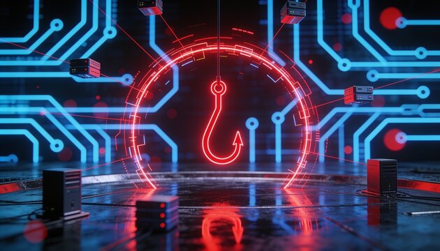 Cyber phishing threat illustration &mdash; red hook icon suspended in glowing data stream, dark circuit board background, bokeh lighting, red lines connecting floating server nodes, reflective metallic fore