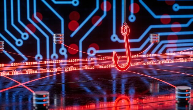 Cyber phishing threat illustration &mdash; red hook icon suspended in glowing data stream, dark circuit board background, bokeh lighting, red lines connecting floating server nodes, reflective metallic fore