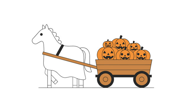White horse pulling a wooden cart filled with multiple orange jack-o'-lanterns for a festive autumn harvest celebration or Halloween seasonal decoration.