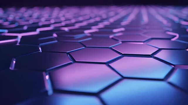 A Futuristic Neon Hexagonal Grid Shimmering with Purple and Blue Light Across a Glossy Surface