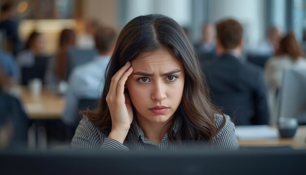 There is a woman sitting in front of a computer with her hand on her head