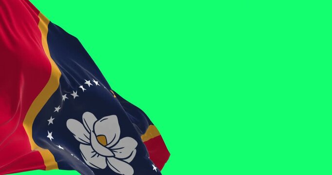 Mississippi state flag waving isolated on green background