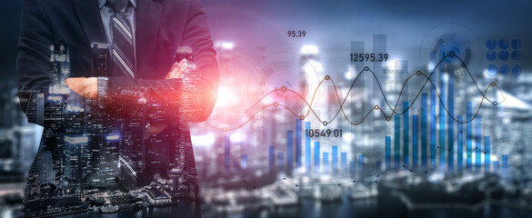 A confident business professional stands before a dynamic city skyline, with financial graphs and data displayed, representing growth and success in the modern business world. Scalp © InfiniteFlow