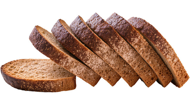 Isolated rustic dark bread slices neatly stacked, showing texture and healthy whole grain crumb
