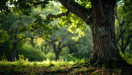 Fototapeta premium A sunlit forest scene, with a massive tree trunk in the foreground and a blurred background