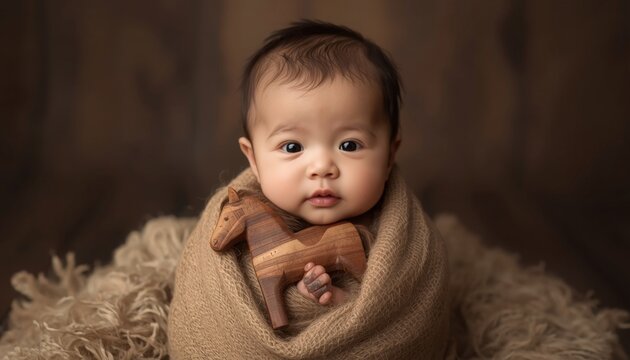 This is an image of a baby wrapped in a blanket with a wooden toy