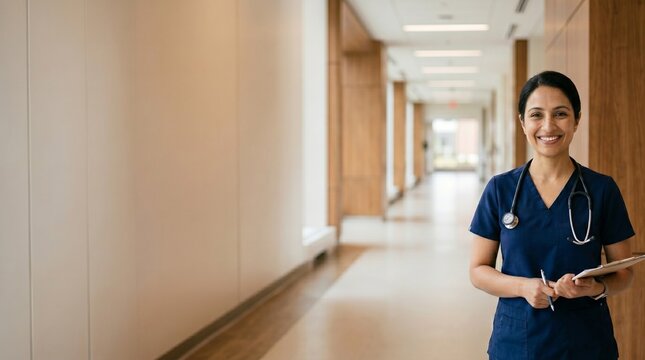 A healthcare professional smiling warmly in a modern and humanized clinical setting, with soft natural lighting and a minimalist, blurred background.