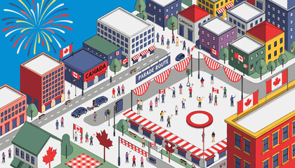 Fototapeta premium Isometric vector illustration of Canada Day parade route in a colorful town with party decorations, Canadian flags, shops, and citizens.