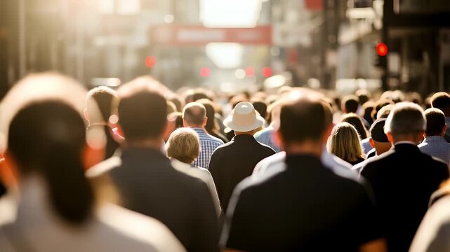 A diverse crowd of people walking down a busy city street captured from behind with warm golden sunlight glowing softly over the bustling morning urban commute