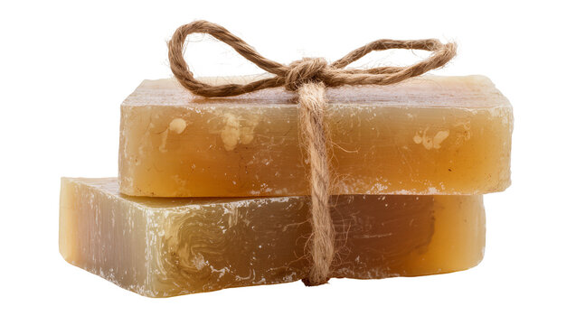 Isolated natural handcrafted amber glycerin soap bars tied with rustic jute string
