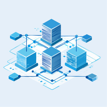 Isometric vector illustration of interconnected data server modules representing a digital network database