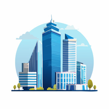 Modern Corporate Infrastructure Concept Featuring Layered Geometric Architecture in Blue Gradient City Skyline