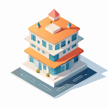 Isometric 3D vector illustration of a modern modular business building, showcasing scalable architecture and clean startup aesthetic