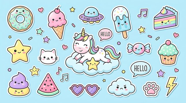 A delightful collection of cute pastel kawaii stickers featuring a smiling unicorn on a cloud, sweet treats, and whimsical icons set against a soft blue background.