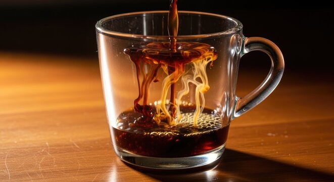 Pouring Freshly Brewed Coffee into a Clear Glass Mug on Wooden Table.