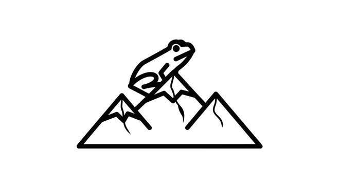 Minimalist line art of a frog on mountain peaks.