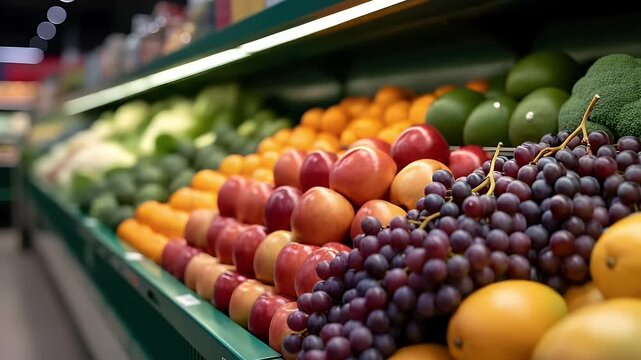 Fresh organic grapes and colorful fruits arranged neatly on a supermarket display shelf for customers to select healthy produce while shopping in a grocery store