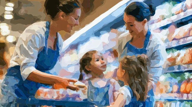 Friendly grocery worker offering food sample to young girl. Positive interaction concept.