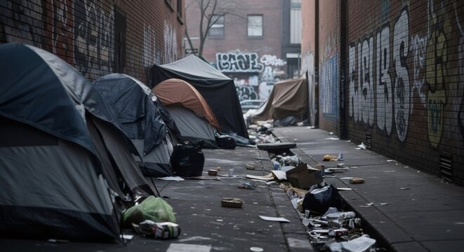 Tents on urban street with garbage and graffiti symbolizing homelessness and poverty. Economic crisis and social issues concept.