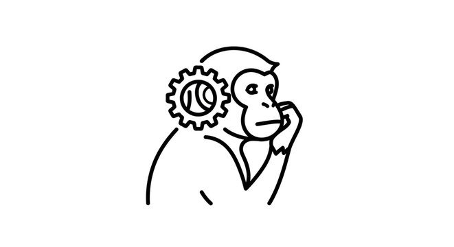 Thinking monkey with mechanical gear cog wheel graphic.