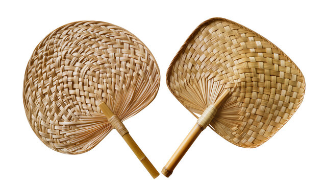Isolated two traditional natural woven bamboo hand fans, essential for staying cool in summer