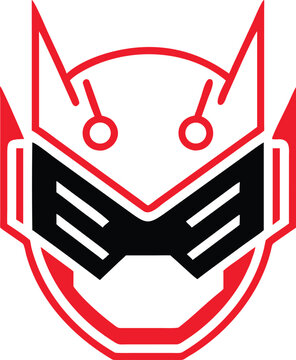Modern red and black robot head design with distinct pointed ears and geometric visor