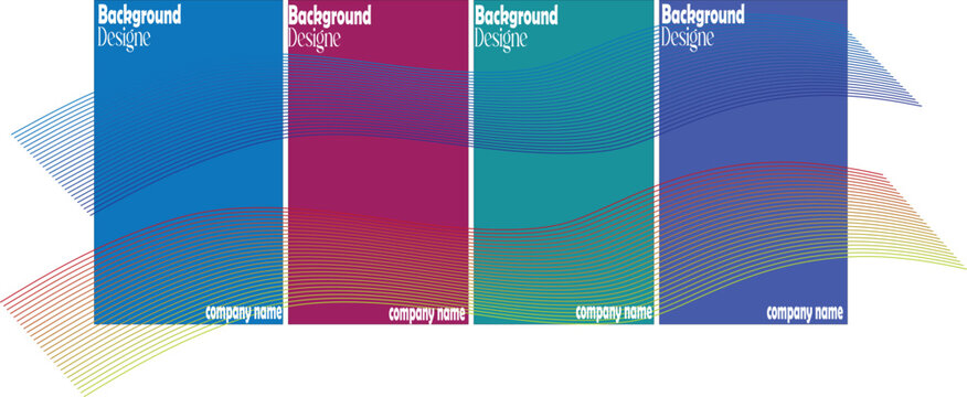 This image features four business card background designs with vibrant wave patterns in blue, purple, green, and blue hues on a white background, each with a company name placeholder.