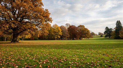 Obraz premium A serene autumn park landscape features vibrant orange and yellow trees surrounding a lush green lawn scattered with fallen leaves under a soft, cloudy sky.