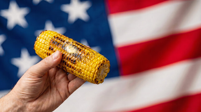 Hand Holding Grilled Corn on the Cob with American Flag Background, Classic 4th of July Independence Day Barbecue Side Dish for Patriotic Summer Picnic and Cookout Celebration